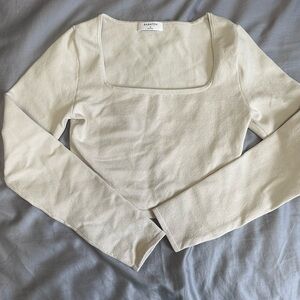 Babaton Squareneck Long Sleeve Sculpt Knit Top - Medium - Matte Pearl